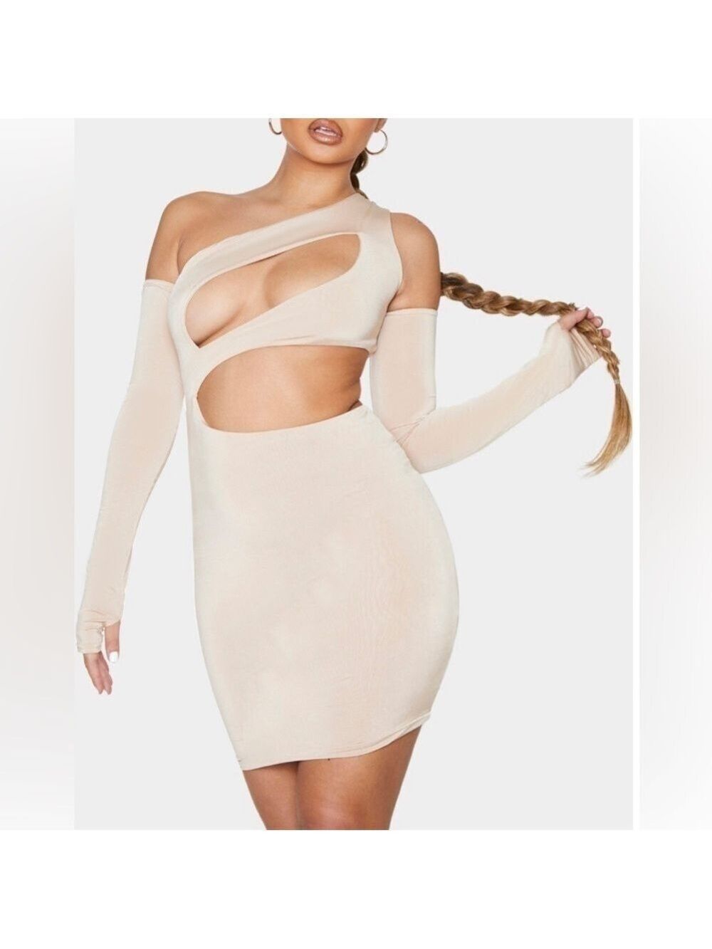 PRETTTLITTLETHING stone Bardot cut out slinky bodycon nwt one shoulder dress 6